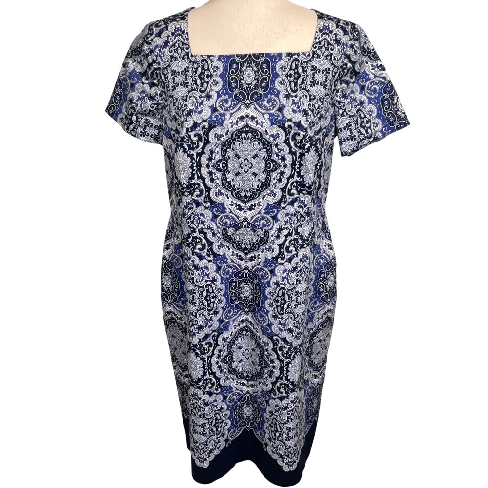 Talbots Dress Women 12 Blue Paisley Damask Medallion Sheath Hamptons Coastal